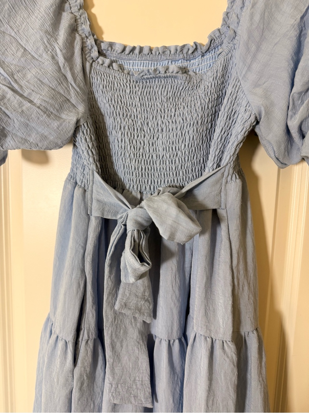 Morning Lavender Smocked Bodice Light Blue Maxi Dress with Puff Sleeves - Picture 6 of 6